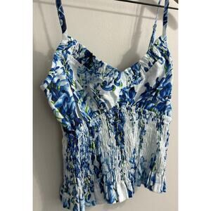 Luisa Positano Top Ornella 100% Linen Made in Italy Blue & White Floral Crop Top